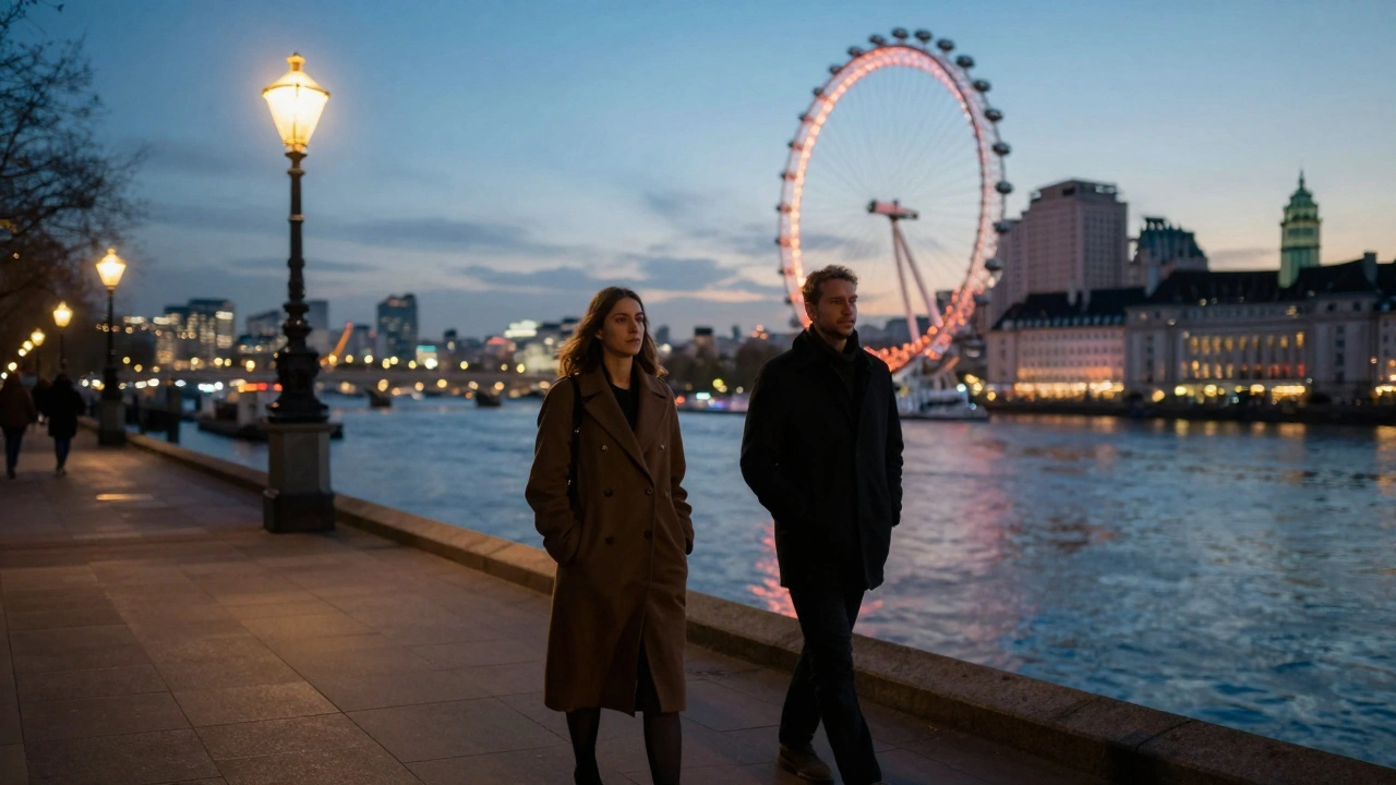 Two figures walking peacefully along the Thames at twilight, enjoying quiet companionship.