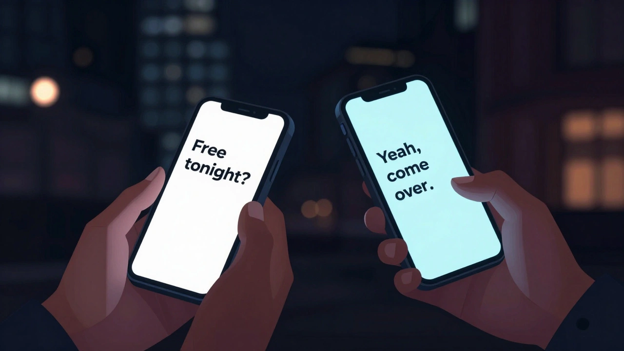 Two glowing phones showing a simple text exchange about a casual meeting, no faces visible.
