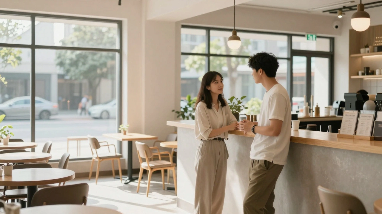 Two people meeting in a public cafe during daytime