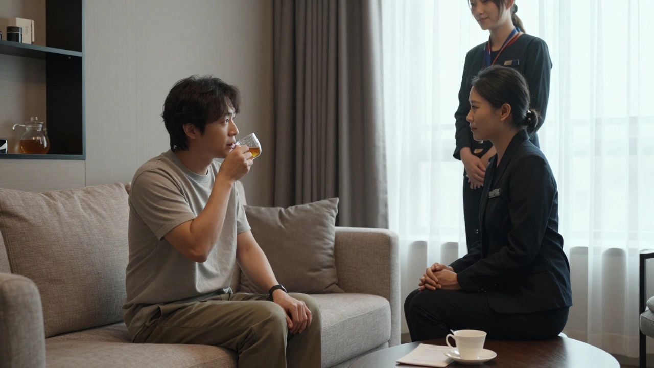 Two people sitting comfortably in a quiet lounge, engaged in attentive conversation without physical contact.