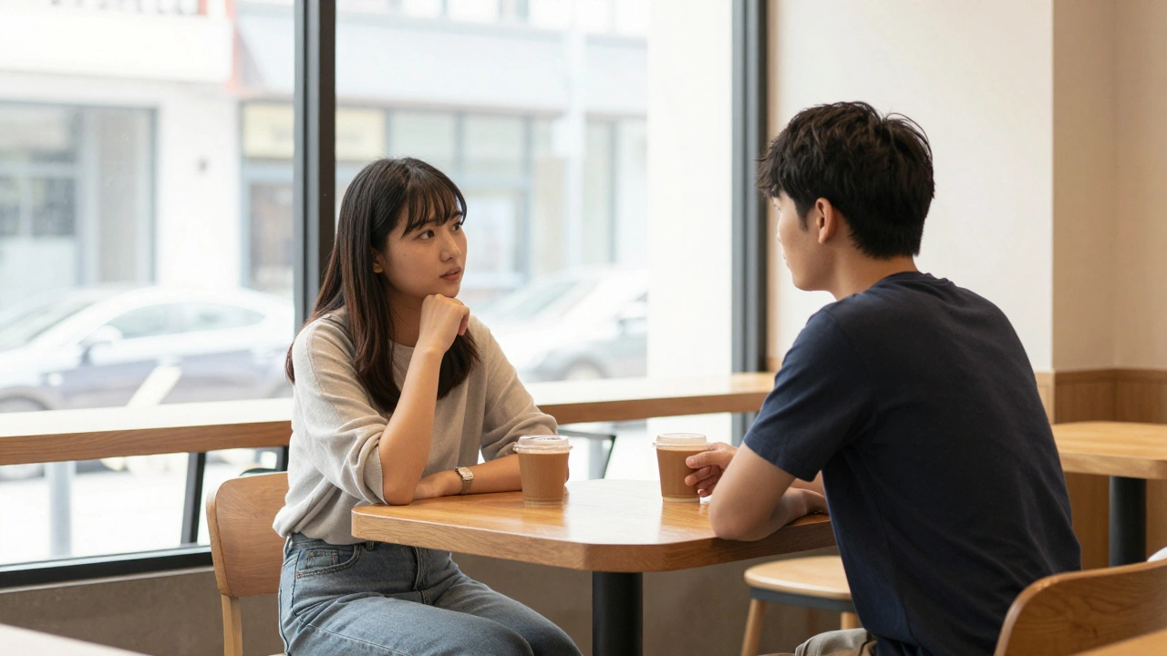 Two people sitting separately at a table in a bright sunny café