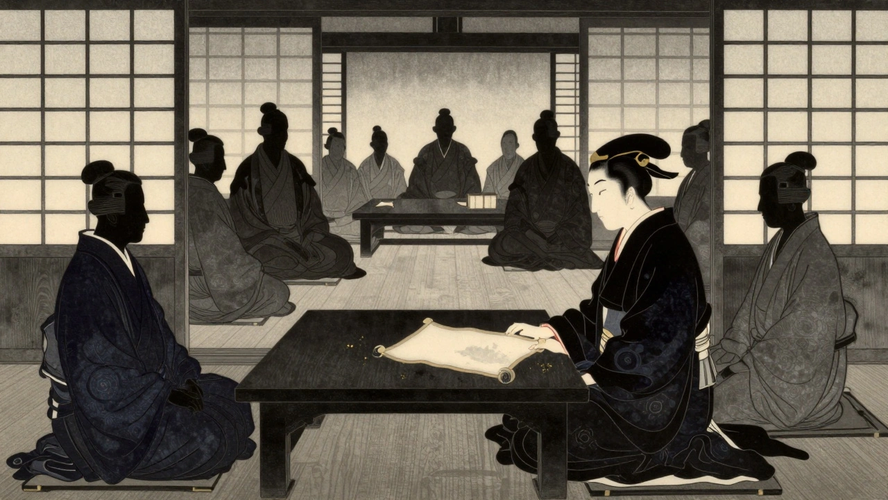 Yoshitsune no Otomae in a Japanese council chamber, listening as courtiers await her counsel.